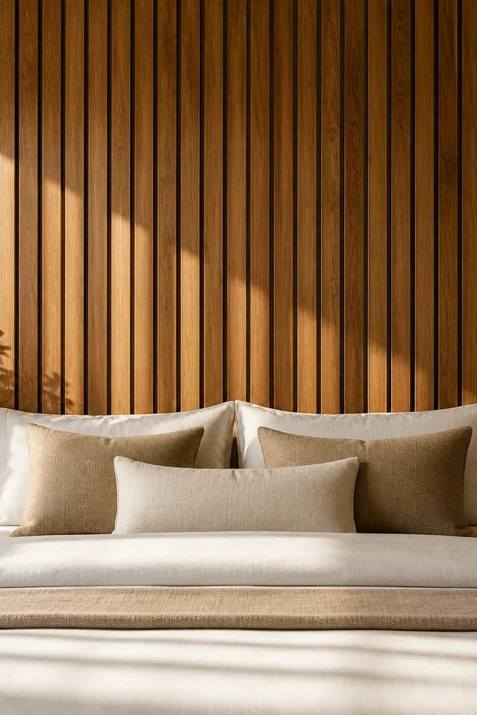 White bed headboard with narrow vertical slats in warm oak tone
