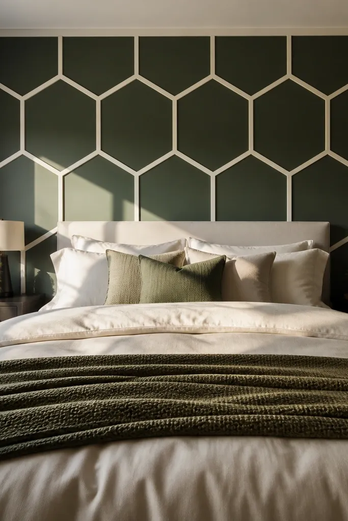 Two-tone headboard with a hexagon pattern in black and warm white
