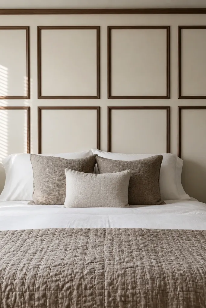 Cream headboard with square wainscot panels and darker trim