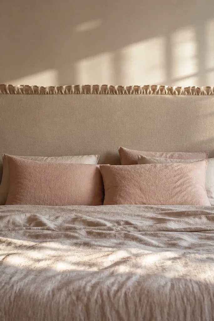 Blush headboard with a thick fabric border and soft ruffle edge
