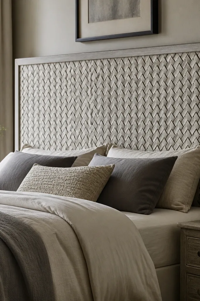 Warm gray headboard with faux woven lines in darker gray and a thin border
