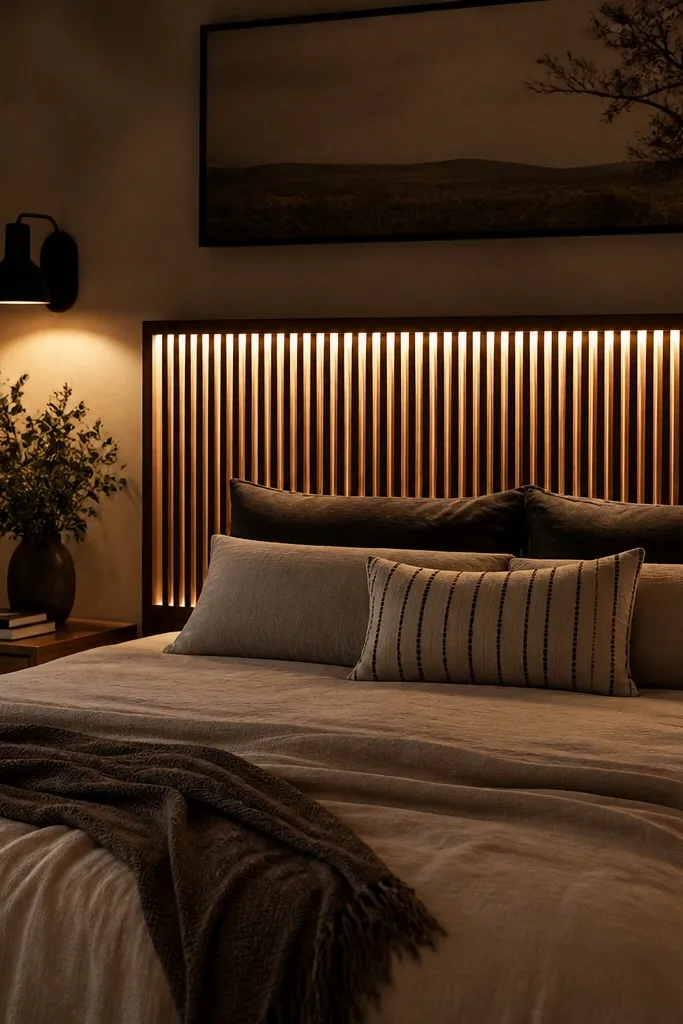 Walnut slat headboard with warm white light glowing behind the slats