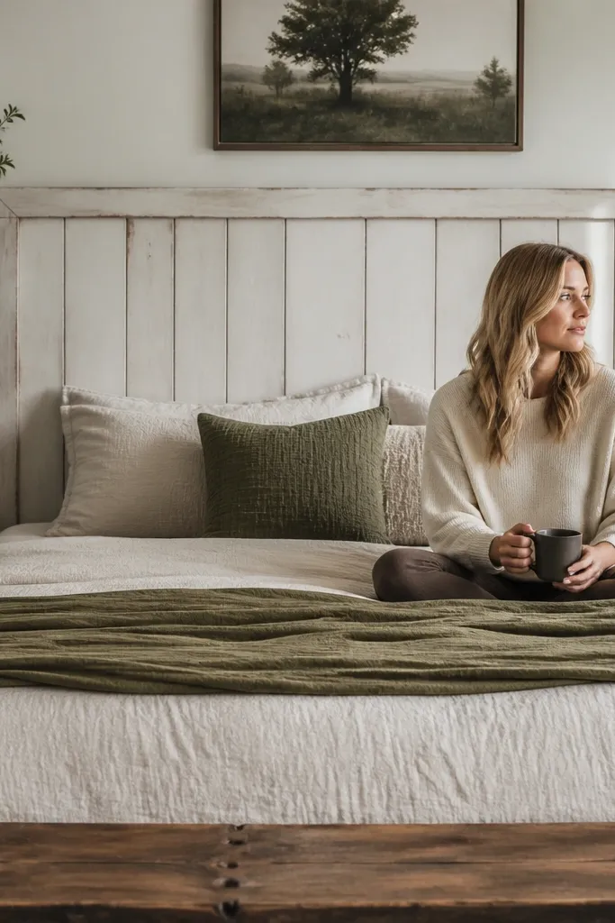 Distressed gray headboard with board-and-batten vertical panels and white top trim