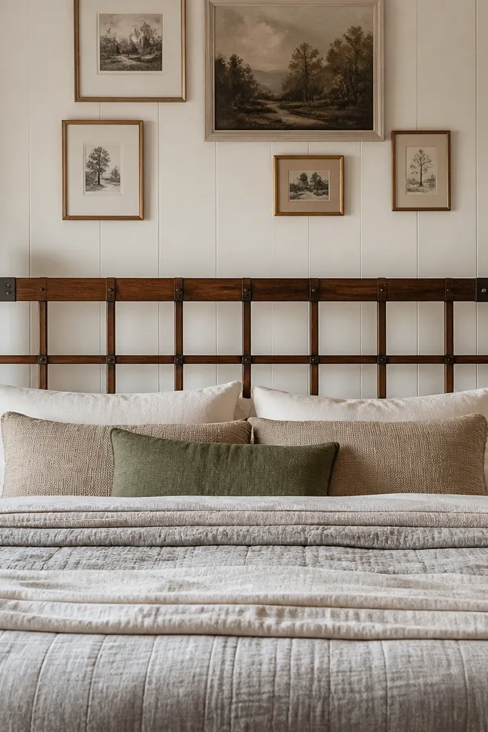 Stained ladderback grid headboard with black iron corner brackets