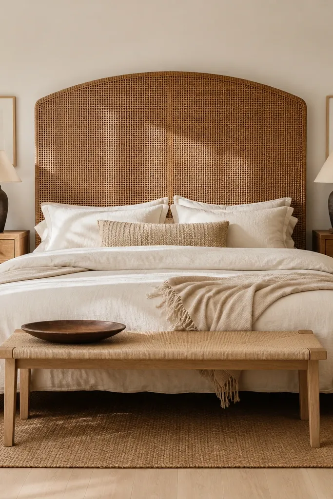 Caramel woven-look headboard panel with dark frame and soft shadows