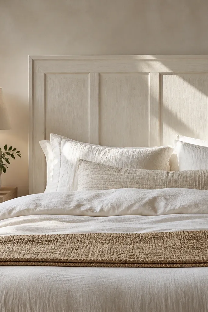 White board-and-batten headboard with beveled frame lines and gray wash