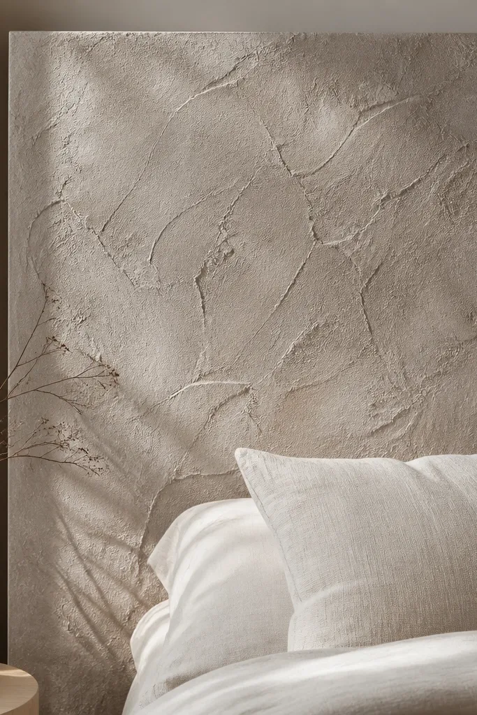 Light gray plaster headboard with rough trowel ridges and darker speckles