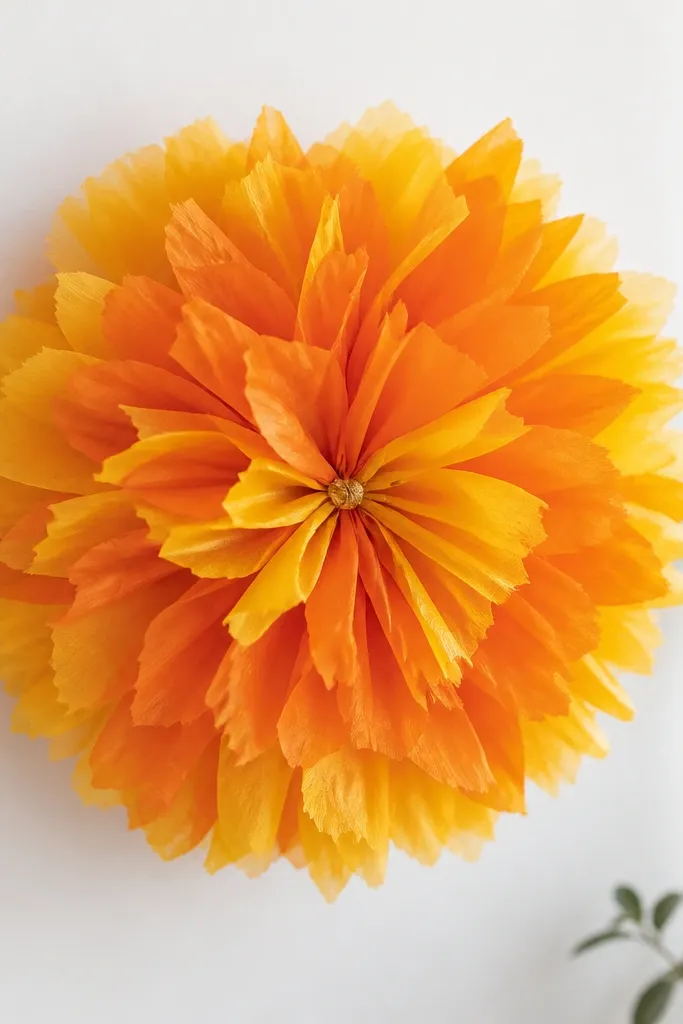 A 12-inch tissue mum flower on a white wall, made from layered yellow and orange tissue rectangles; the petals are evenly fluffed and the center is tied with a small strip of gold tissue.