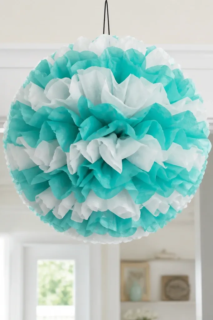 A large 18-inch pom-pom hanging above a doorway, striped in teal and white tissue layers with a small black string loop at the top.