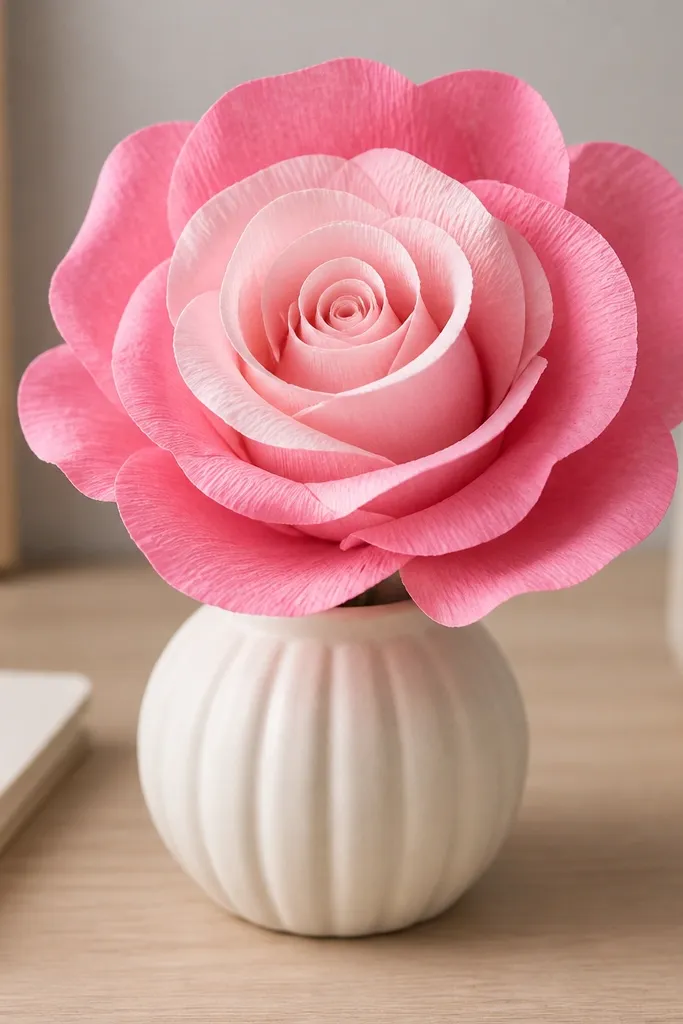 A soft pink tissue rose with a tight rolled center and darker pink outer petals, arranged in a small vase on a desk.