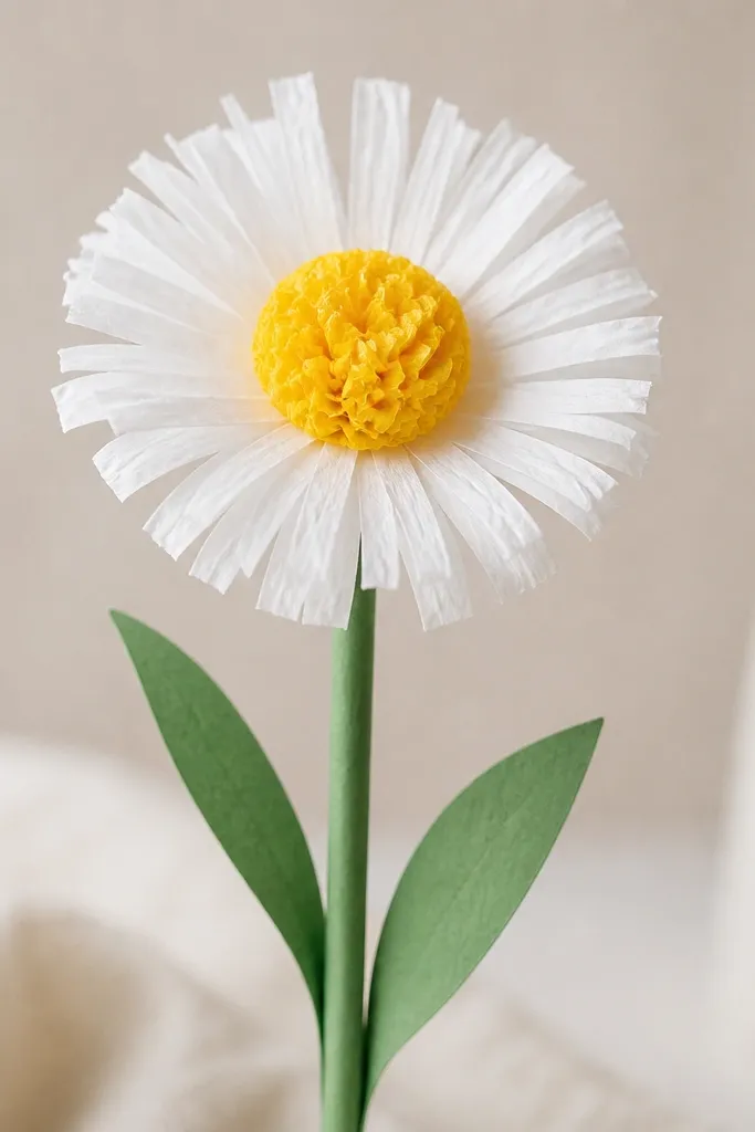 A white daisy tissue flower with narrow fringed petals and a bright yellow center made of crinkled tissue, on a green cardstock stem.