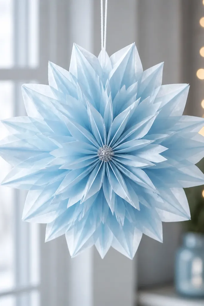 A pale blue tissue flower shaped like a snowflake with layered points and a tiny silver glitter center, hanging from a white string.