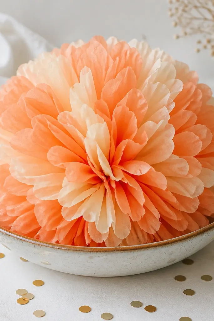 An 8-inch tissue flower pom with warm peach and cream alternating layers, sitting in a shallow bowl with scattered gold confetti.