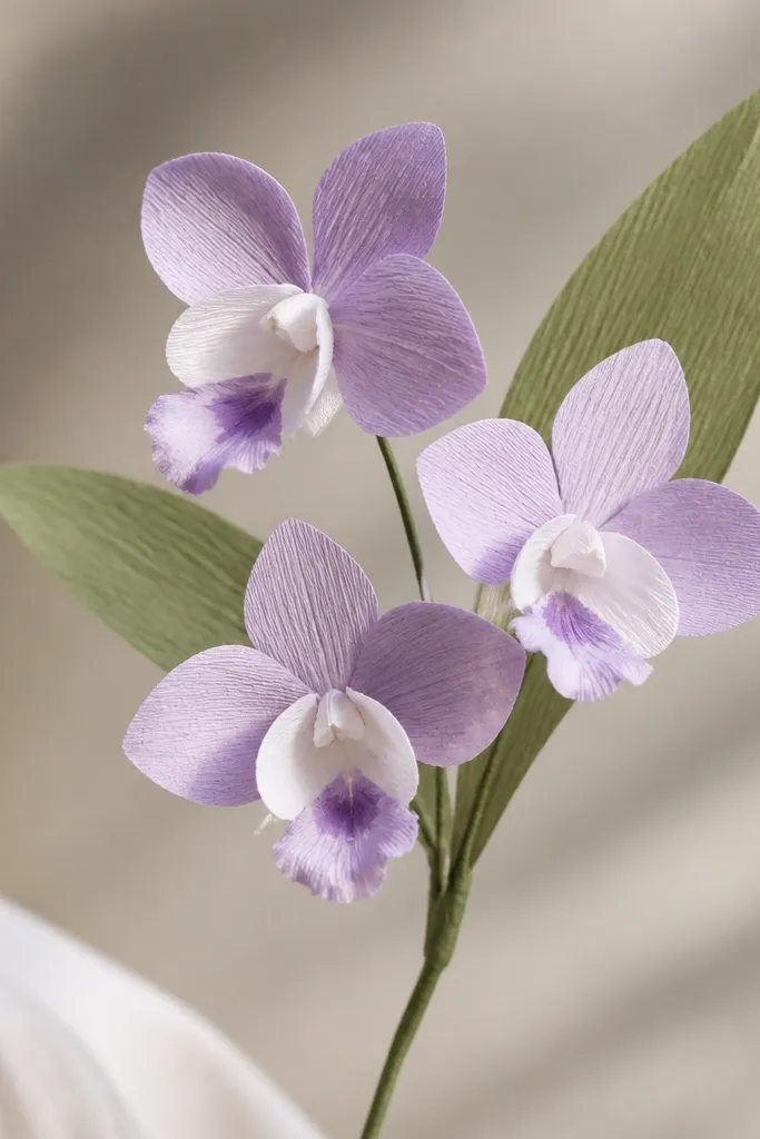 Three small orchid-like tissue flowers in lavender and white on a single wire stem, with two leaf shapes behind them.