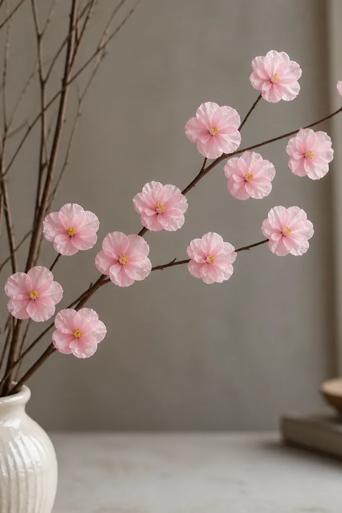 A twig branch decorated with 10 small pink tissue blossoms, each with a tiny yellow center, arranged in a vase with brown twigs.