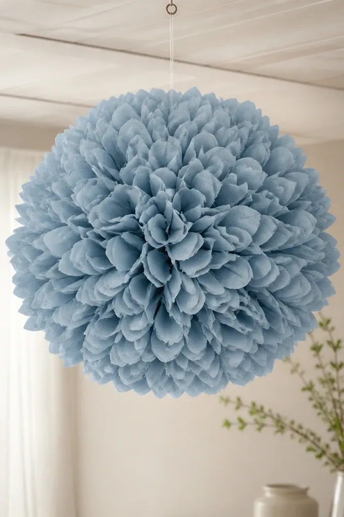 A 14-inch hydrangea-style tissue ball in dusty blue with many small layered petals, hanging from a ceiling hook.