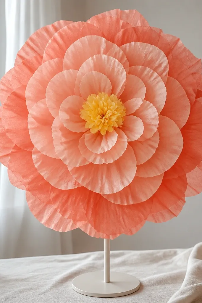 A 16-inch layered tissue flower on a stand, with five large petal layers in coral and peach and a small yellow center.