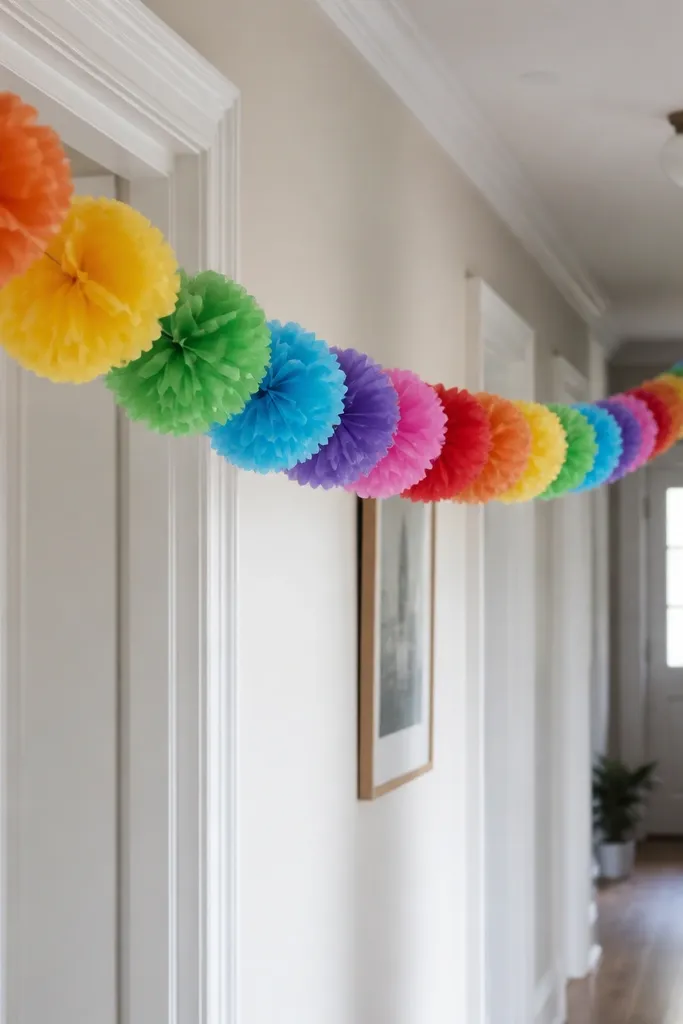 A long string of tissue flowers in rainbow colors hanging across a hallway, each flower about 6 inches wide with curled petals.