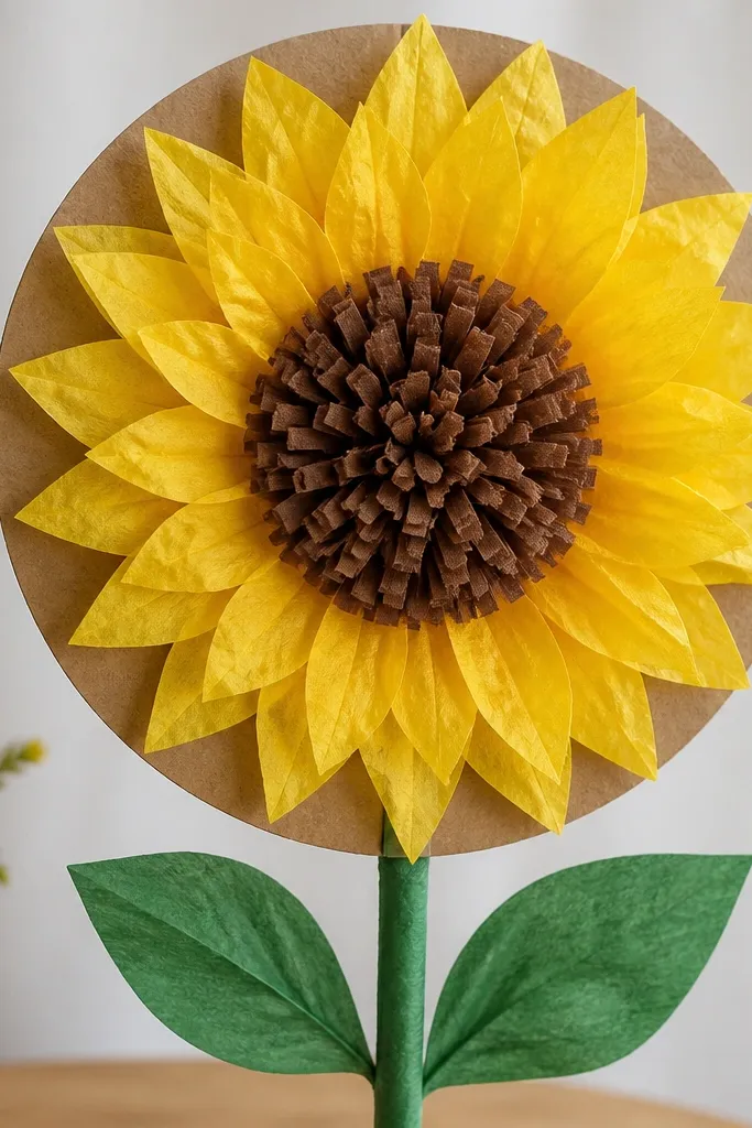 A sunflower made from bright yellow tissue petals and a brown fringed center, mounted on a cardboard circle with a green stem.