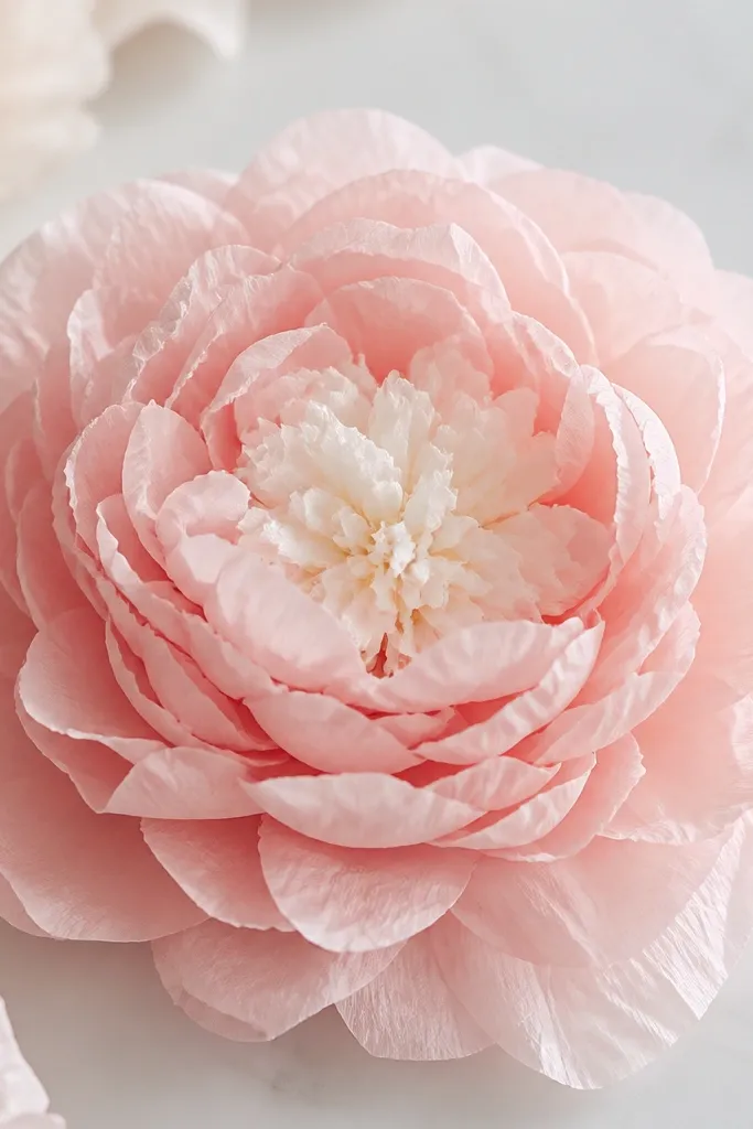 A peony-style tissue flower with thick layered rounds in blush pink, showing lots of soft petal edges and a pale center.