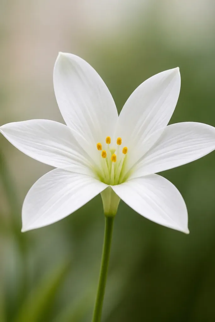 A white tissue lily with six petals spread wide on a long green stem, with tiny orange-yellow center dots.