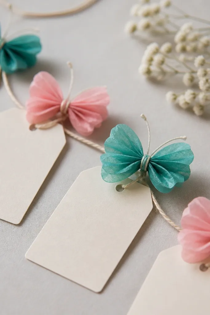 Tiny butterfly-like tissue flowers in teal and pink attached to a string of gift tags, with little antenna threads.