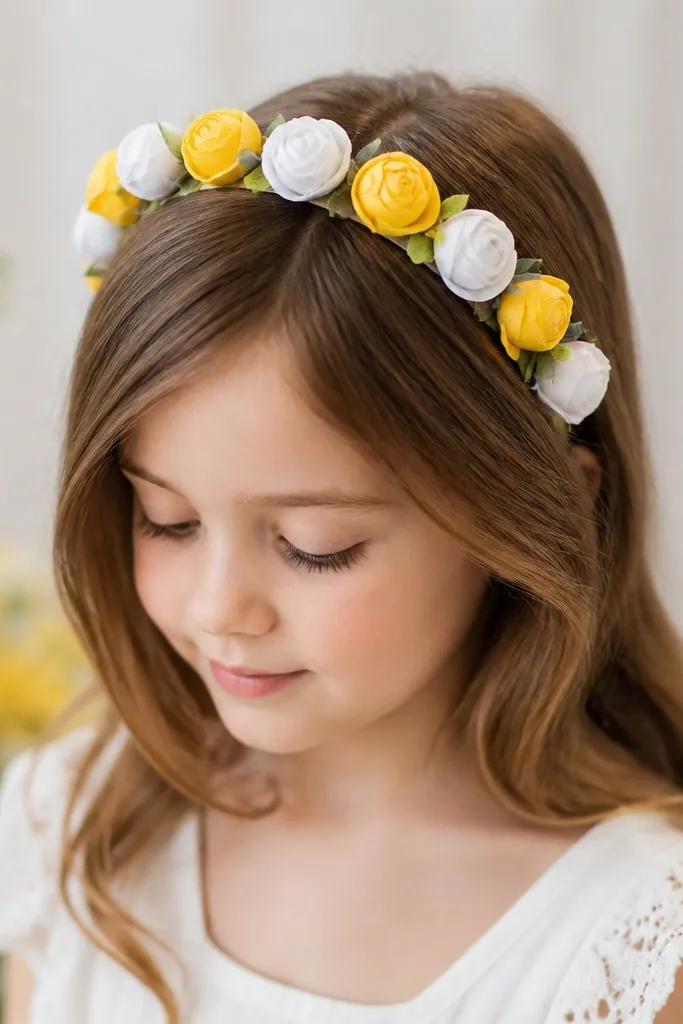 A child-size headband covered with small yellow and white tissue buds, each bud about 2 inches across with a tiny green leaf behind.