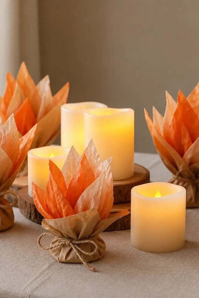 Small flame-shaped tissue flowers in warm orange and cream, arranged around LED candles on a table, with paper-wrapped stems.