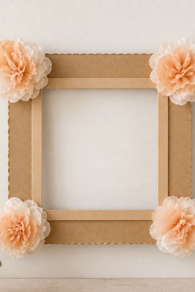 A small wall frame made from cardboard with four tissue flowers mounted at corners, showing a clean border and matching colors.