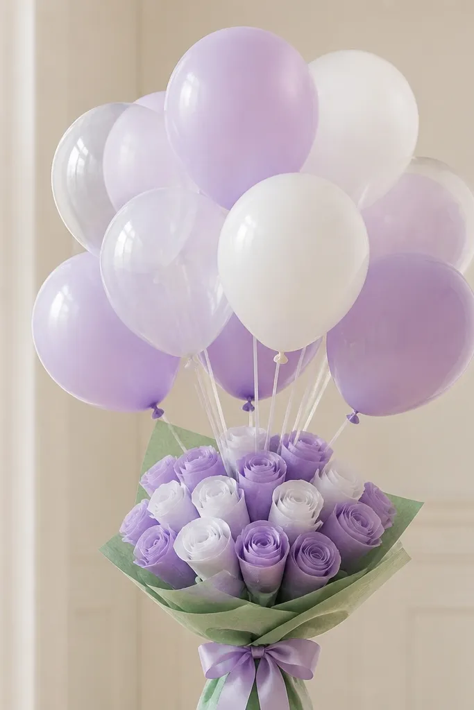 A cluster of tissue blossoms attached to a balloon bouquet, with rolled petal strips in lavender and white and a small green base wrap.