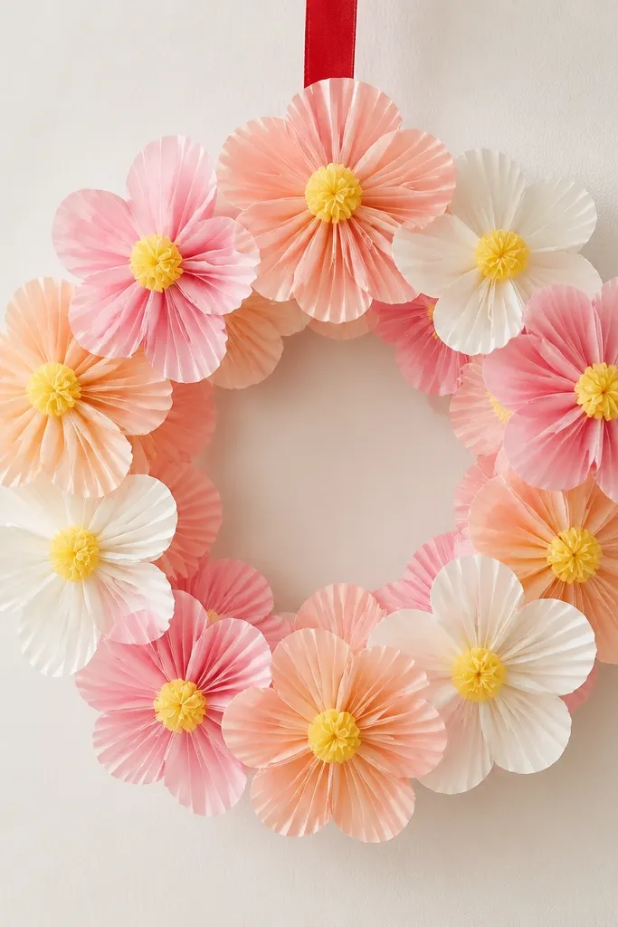 A kid-friendly wreath made from a foam ring covered in layered tissue paper fans. Each flower has 5 to 7 curved fan petals in soft pink, peach, and white, with a yellow tissue rosette center. The fans look crisp and slightly ruffled, and the wreath hangs on a red ribbon against a pale wall.