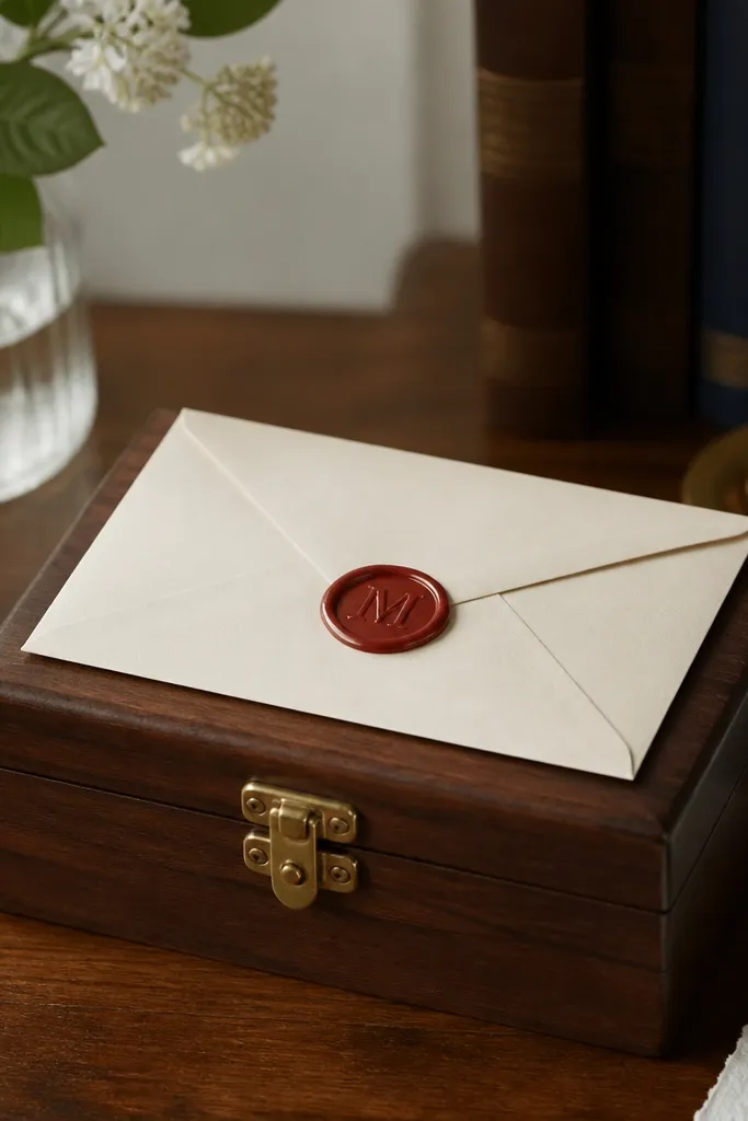 A small wooden keepsake box with a brass clasp sits on a desk. On top is a cream envelope sealed with a red wax stamp, with a simple monogram in the center. The box has a dark walnut stain and a satin finish.