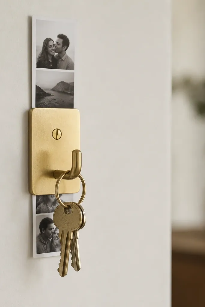 A small brass key hook mounted on a wall. Behind it, a narrow photo strip peeks out from behind the hook plate. The photos are black-and-white, and the hook has a clean brushed finish.