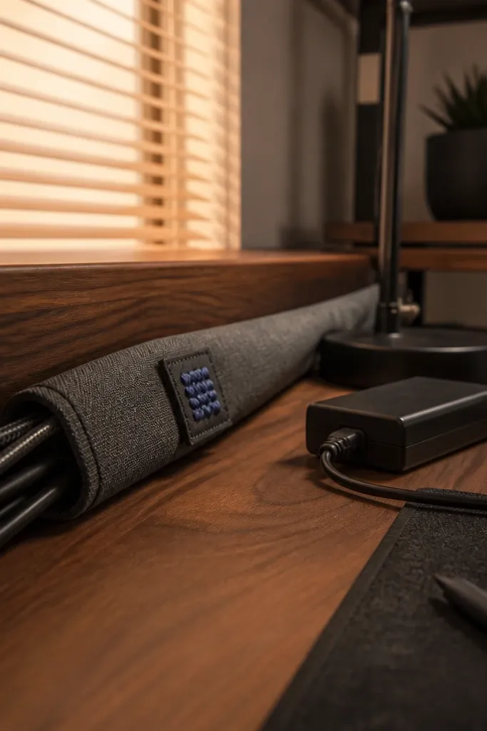 A fabric cable sleeve wrapped around a phone charger cord. The sleeve is charcoal grey with a stitched woven patch near the center. The patch has a simple icon and matching thread.