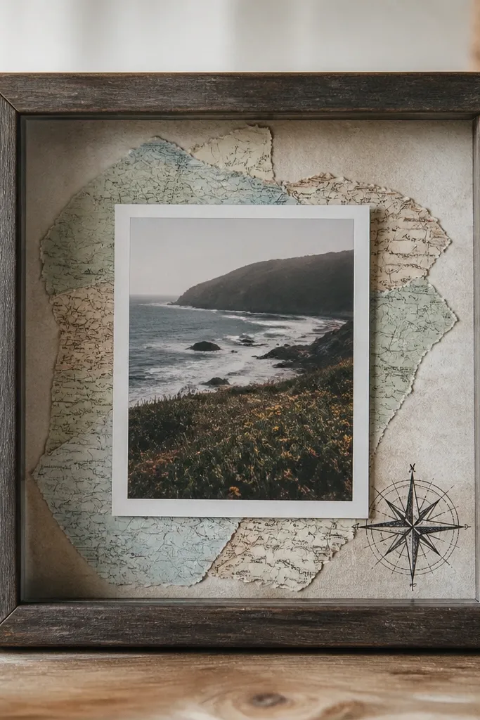 A small square frame with a clear front. Inside, a photo sits on a background made from torn map paper. A hand-drawn compass rose sits in the corner in dark ink.