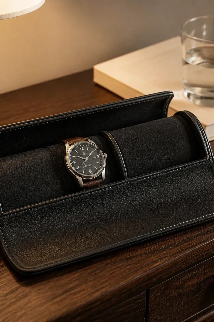 A rolled watch holder made from dark brown leatherette, with a wrap strap and visible stitch lines along the edges. Inside, two watch slots show black lining.