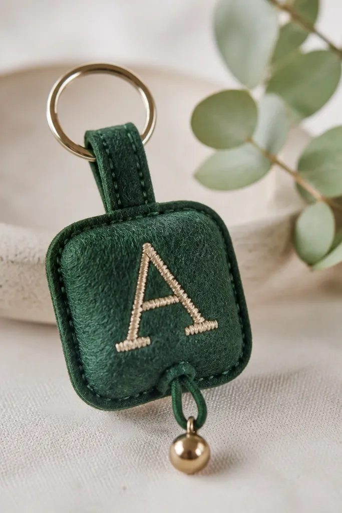 A small felt keychain in deep green with a stitched letter on the front. A metal bead dangles from a stitched loop, and the edges are neatly turned.