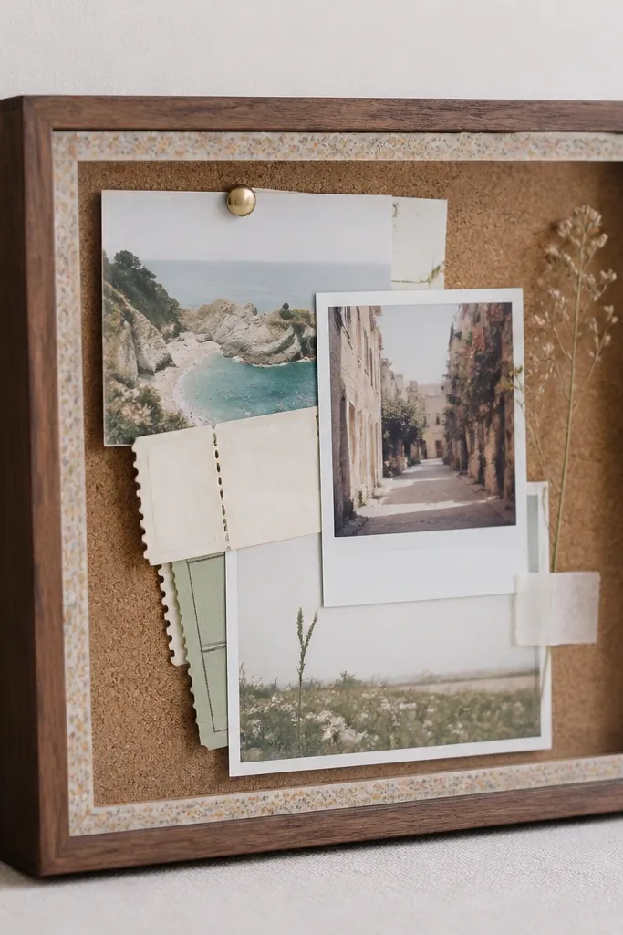 A small shadow box with a cork-like background. Inside are layered photo and ticket stubs under clear plastic. A thin washi tape border frames the top edge.