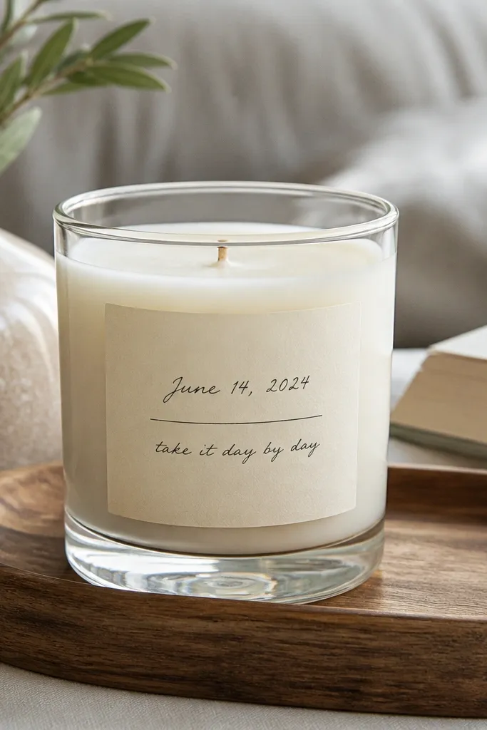 A clear glass candle jar with a cream label. The label has a handwritten-style date and a short line in dark ink. The jar sits on a wooden tray.