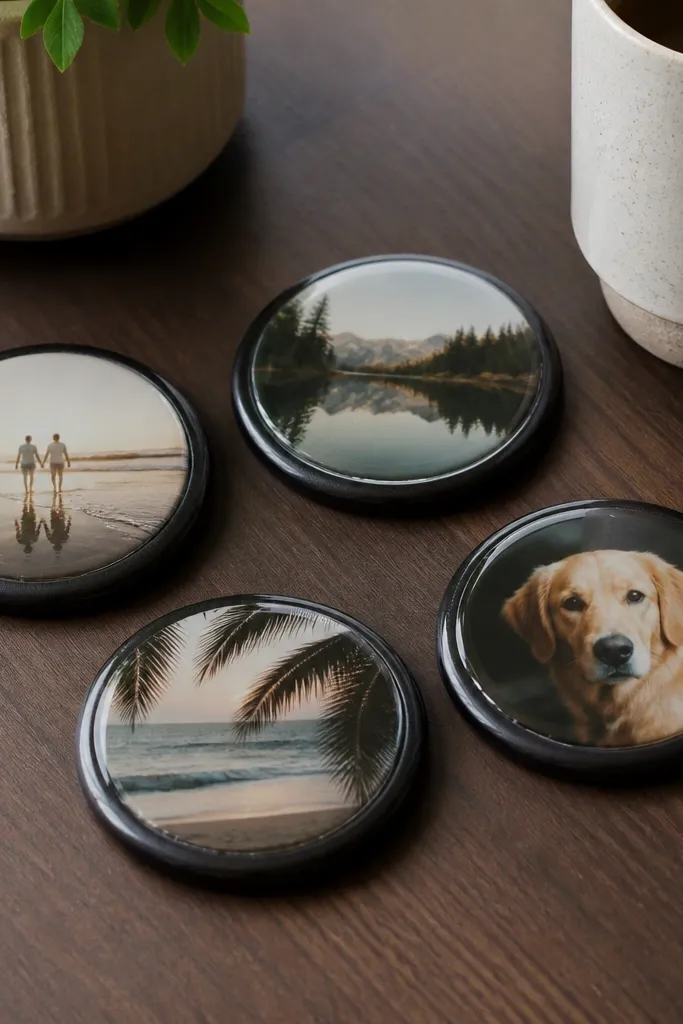 Four coasters on a desk, each with a small photo in the center under a clear resin dome. The coasters have smooth rounded edges and a dark base.
