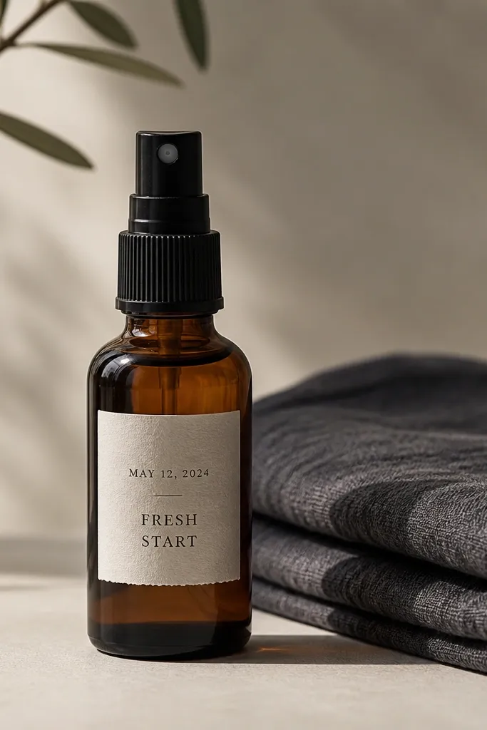 A small glass spray bottle with a dark amber tint. A custom label says a date and a short phrase. The bottle sits next to a folded dark cloth.