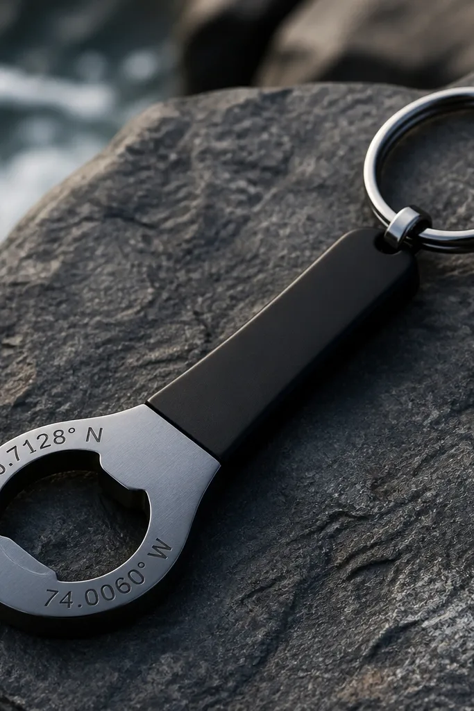 A metal keychain shaped like a small bottle opener. It has engraved coordinates on the front and a smooth black finish on the handle.