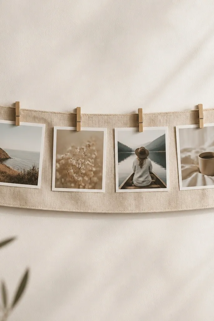 A small fabric banner hung on a wall with clothespins. It shows four mini photos clipped in a row with a neutral linen background.