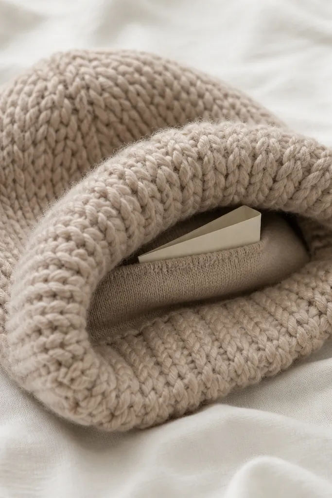 A chunky knit beanie in oatmeal color with a small stitched interior pocket. A folded note is visible through a seam opening.