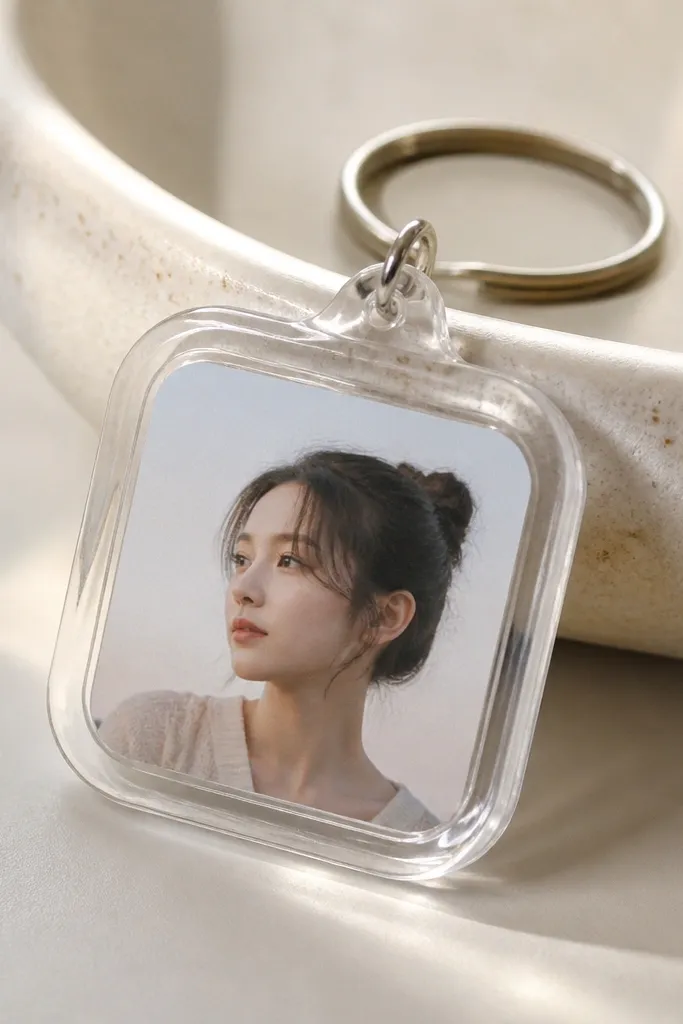 A clear plastic keychain charm with a photo inside. The edges are rounded and sealed, and the photo has a soft matte look.