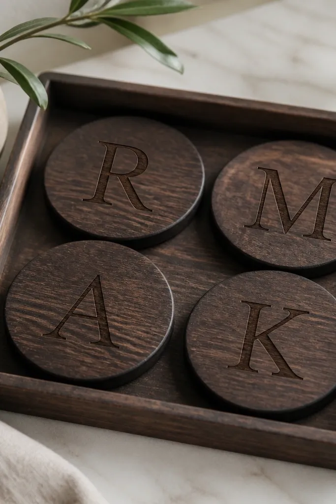 Four round coasters with a dark stain finish and engraved initials. Each coaster has a cork backing and sits on a tray.