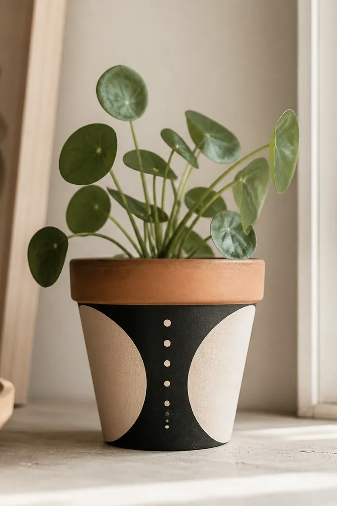 A small terracotta planter with a plant inside. The planter is painted with a neat hand-painted date in black and cream, and the rim is left natural.