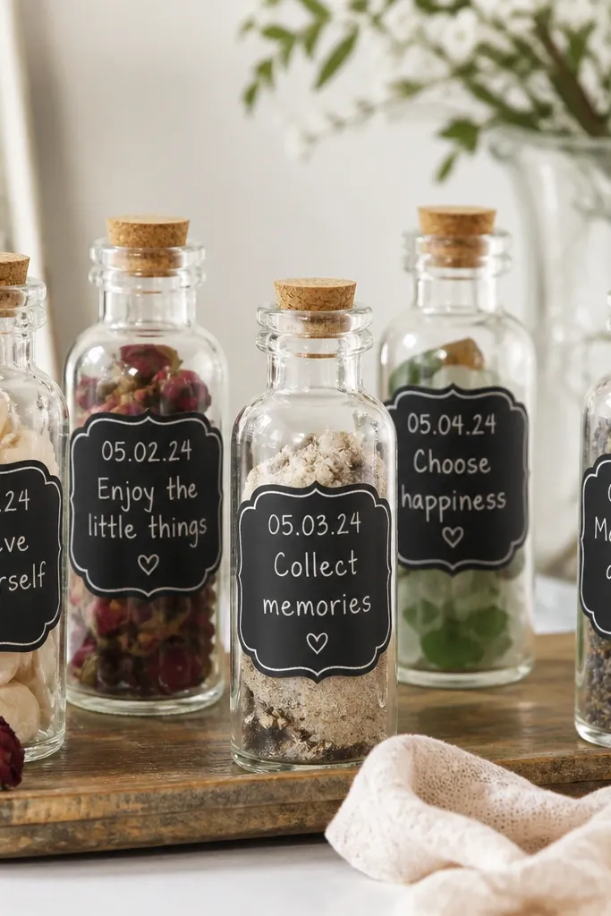 A set of small glass bottles with chalkboard-style labels. The labels show a date and a short message in white chalk-like lettering.