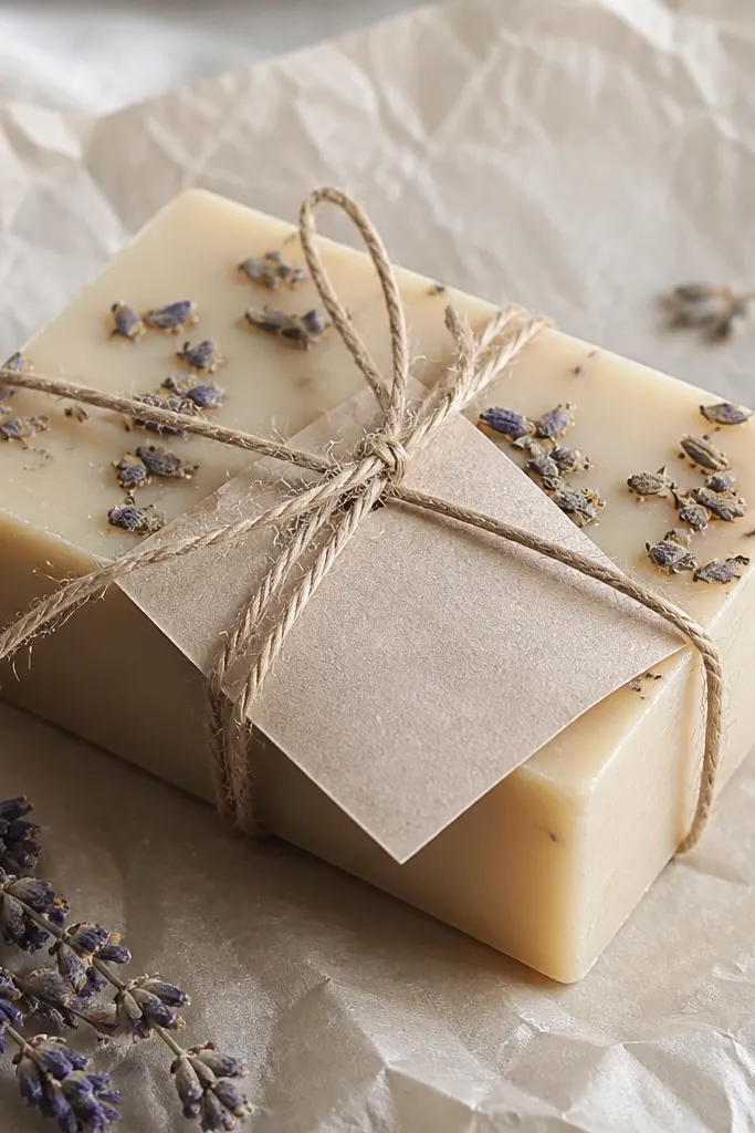 A bar soap on parchment paper. The soap is pale beige with small dried lavender herbs embedded on top and a simple label tied with twine.