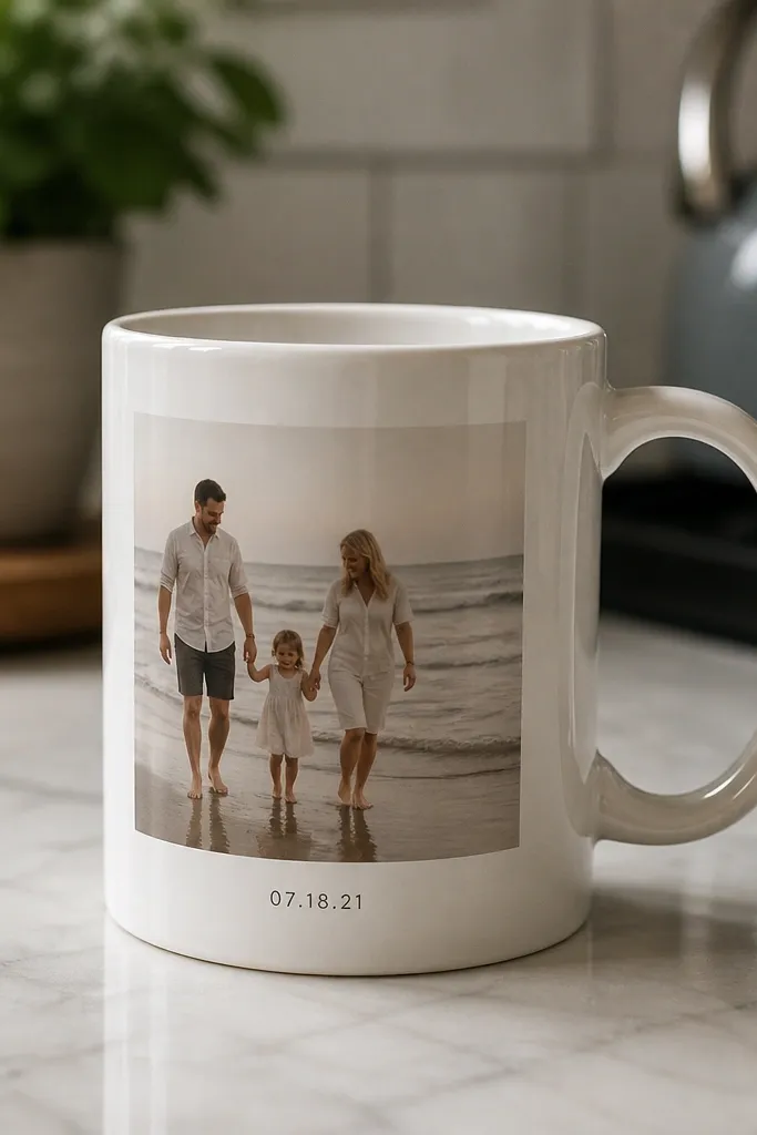 A white ceramic mug with a photo transferred onto it. The edges look smooth, and there's a small date printed underneath. The mug is photographed on a kitchen counter.